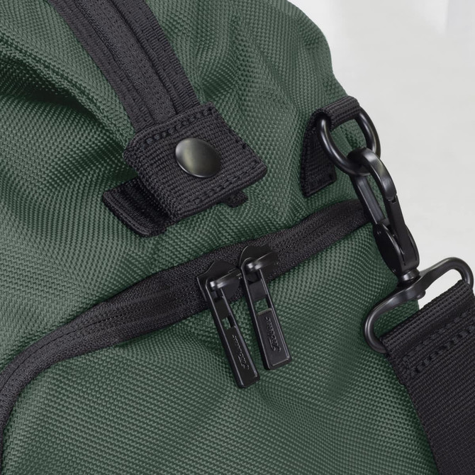 A green duffle bag featuring a sturdy zipper, clasp, and adjustable strap. It includes one logoed detail.