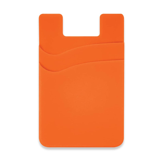 An orange dual silicone phone wallet with a curved design and a small logo.