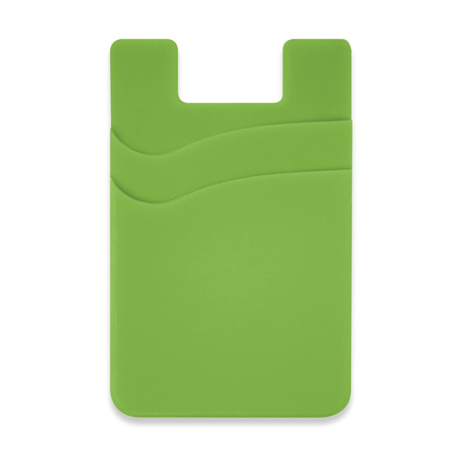 A green silicone phone wallet with two compartments and a logo. Suitable for attaching to mobile phones.