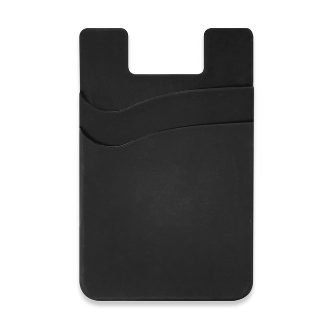 A black dual silicone phone wallet featuring two slots for card storage and a minimalist design.