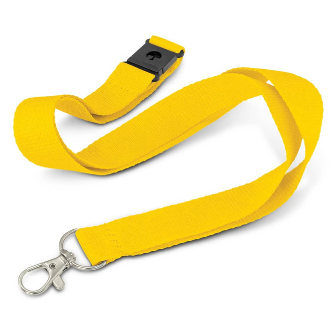A bright yellow lanyard with a clip and adjustable buckle, featuring a logo branding.