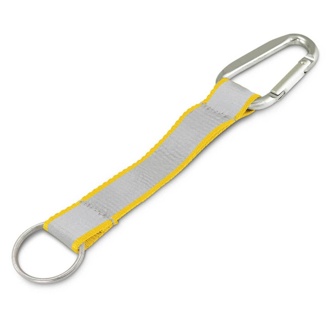 A reflector key ring featuring a silver carabiner, yellow and grey strap, and a metal ring.