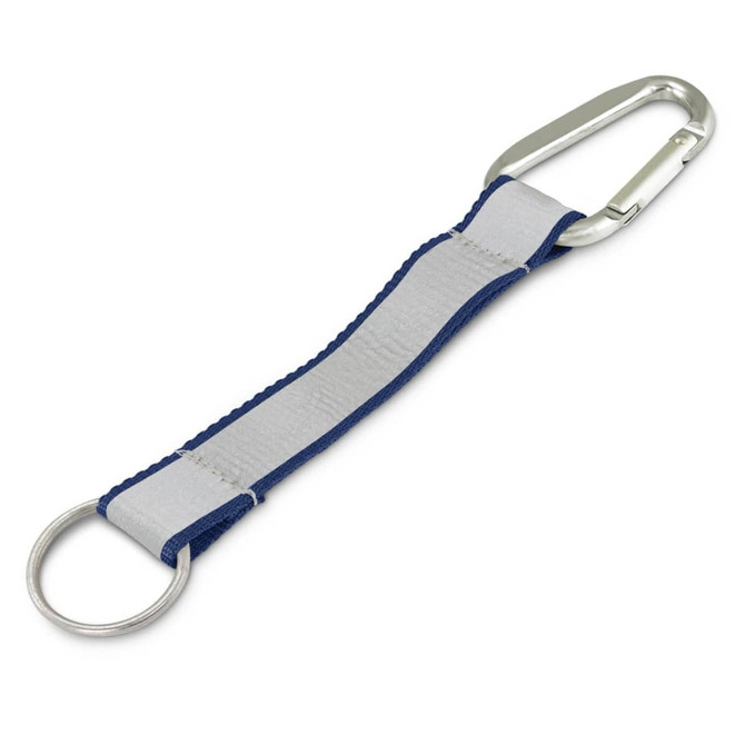 A reflector key ring with a silver carabiner and a blue strap, featuring a metal ring attachment.