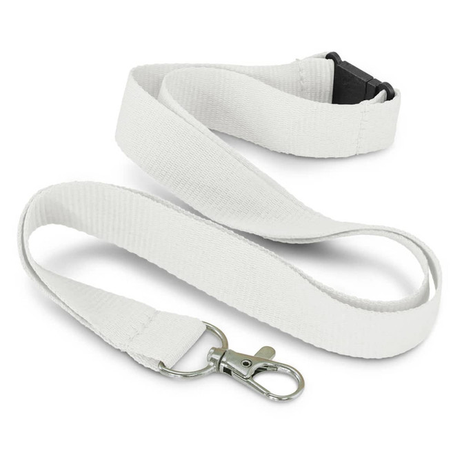 A white RPET lanyard with a metal clip and a black plastic adjuster. It features a simple, sturdy design.