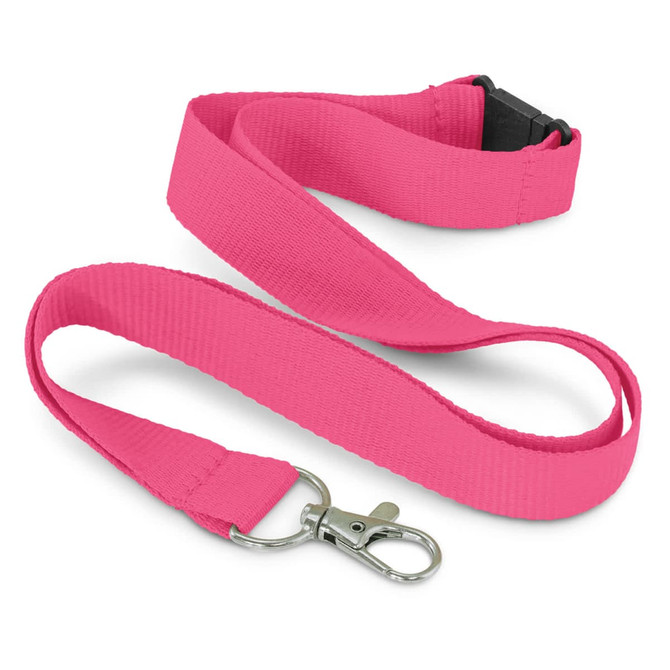A pink RPET lanyard with a metal clip and a plastic buckle, featuring a smooth, textured finish.