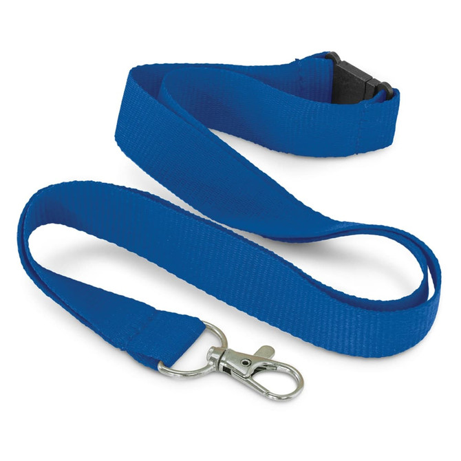 A blue RPET lanyard with a metal clip and a secure fastener. It features a smooth, textured surface.