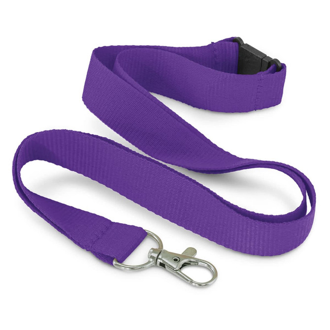 A purple RPET lanyard with a metal clip and a plastic buckle. It has a smooth, textured finish.
