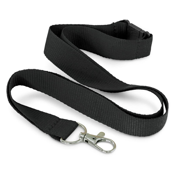 A black RPET lanyard featuring a metal clip at one end and a sturdy buckle. It has a logo on the material.