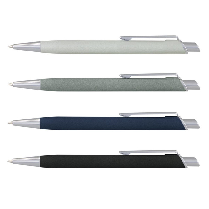 A collection of four metal pens in light grey, dark grey, navy blue, and black, each with a silver clip and branding.