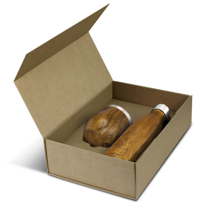 A drink bottle set featuring two wooden-textured bottles with metallic caps, displayed in an open kraft box.