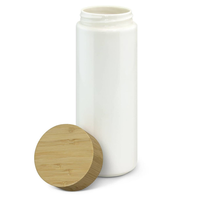A drink bottle in white ceramic with a bamboo lid, featuring a sleek double wall design.