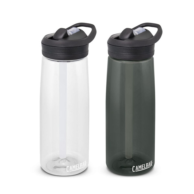 A drink bottle set featuring a clear and an olive green CamelBak Eddy+ Bottle, both with black lids and branding.