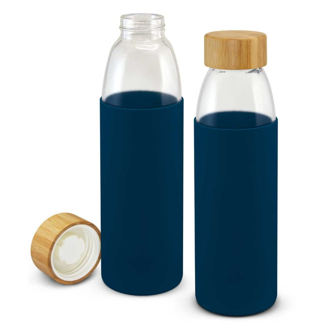 A drink bottle with a navy silicone sleeve, a glass body, and a bamboo lid, alongside an open cap.