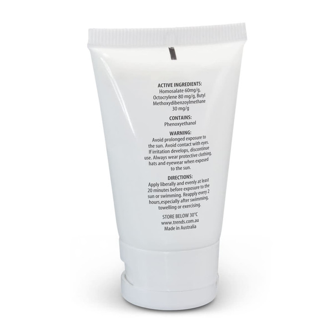 A white tube of TRENDS Everyday SPF 50+ Sunscreen, 30ml, featuring a screw cap and a logo.