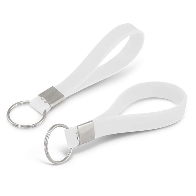 A white silicone key ring with a debossed design and a metal ring attachment.