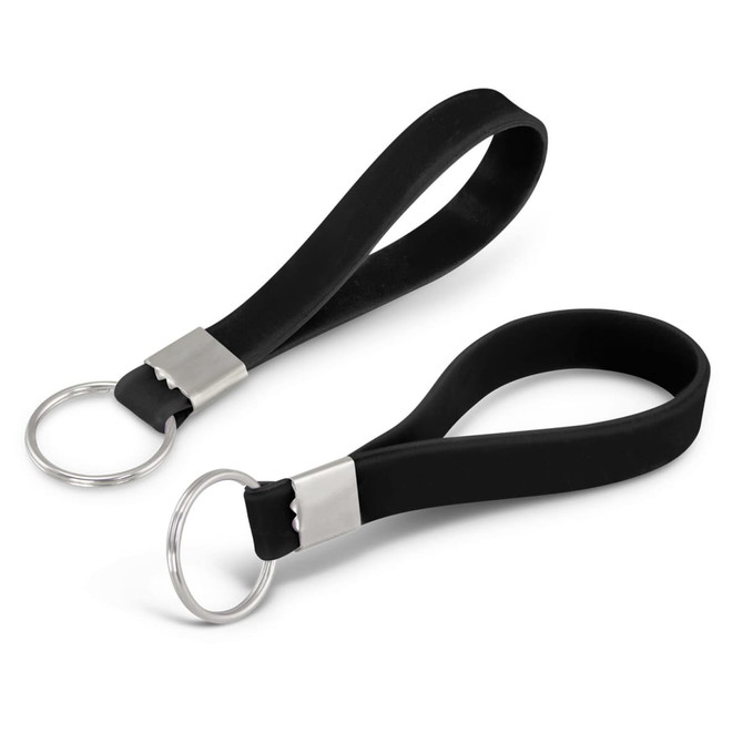 A silicone key ring in black with a silver connector and keyring attachment. It features a debossed design.