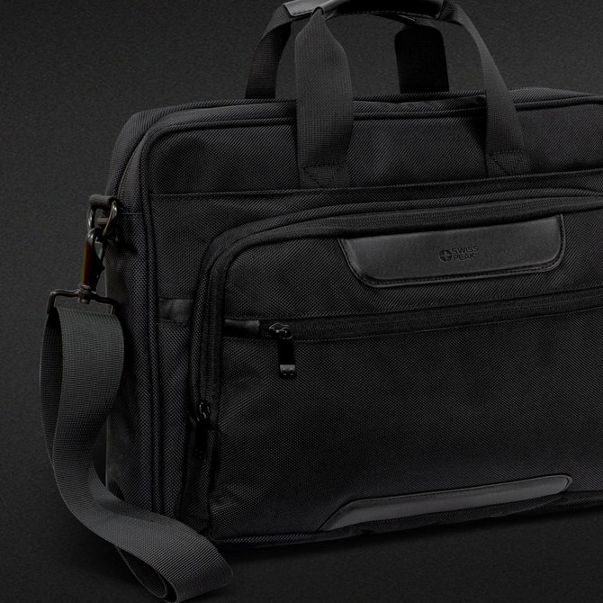 A black Swiss Peak Voyager Laptop Bag featuring multiple compartments and a detachable shoulder strap.