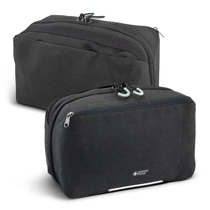Two black Swiss Peak toiletry bags in different sizes, featuring zip closures and one with a logo.