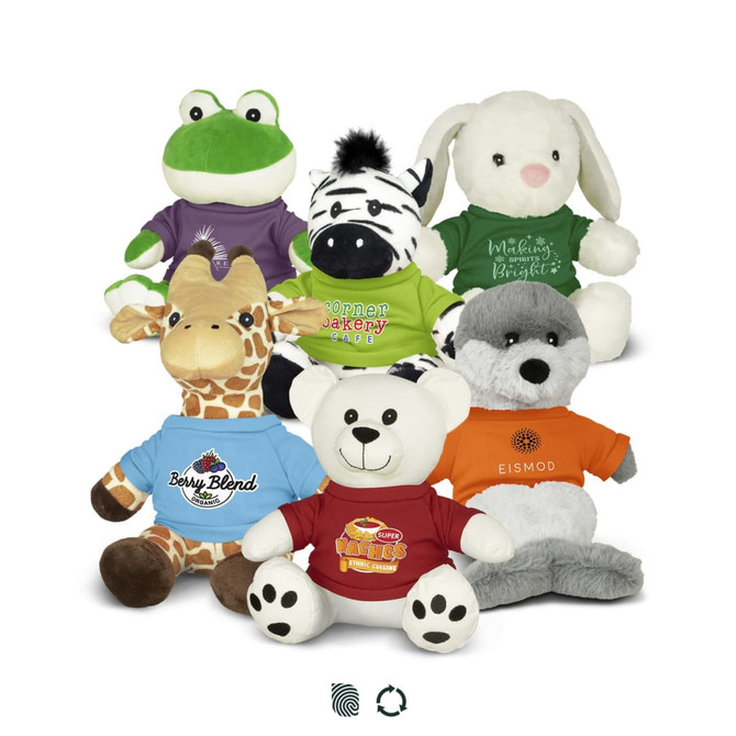 A collection of assorted plush toys including a frog, bunny, zebra, giraffe, bear, and wolf, each wearing colourful shirts.