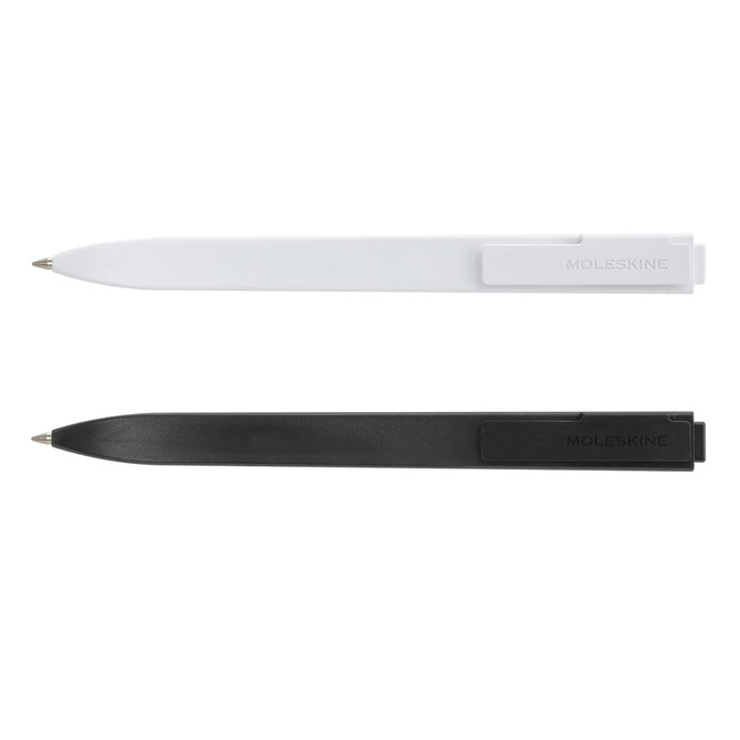Two Moleskine Go Pens displayed in white and black, featuring a clip and a branding logo.