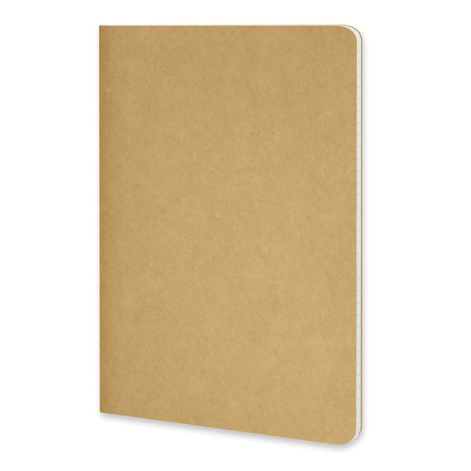 A tan Moleskine Cahier journal with a flexible cover and rounded corners, featuring a logo on the front.