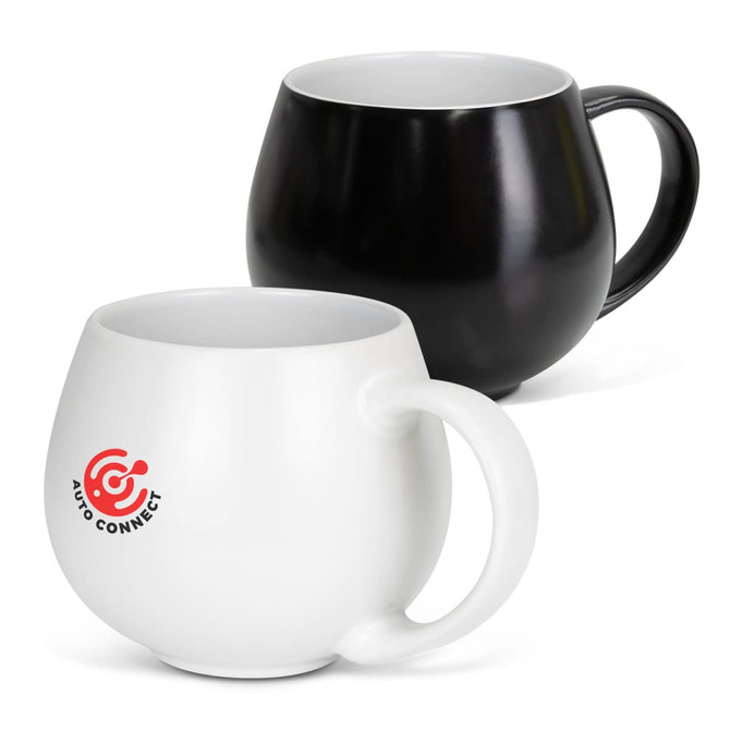 A coffee mug set featuring a glossy black mug and a matte white mug. Each mug has a logo on it.