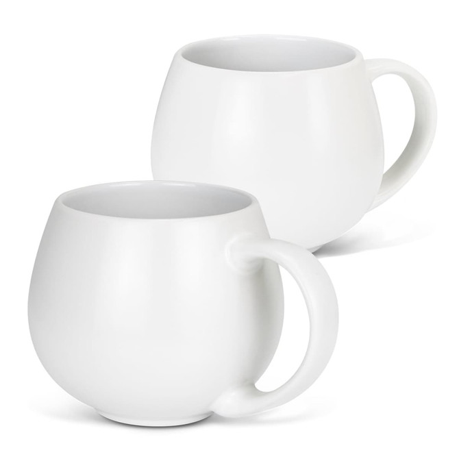 A coffee mug in a rounded design, featuring a glossy white finish and an ergonomic handle. It includes a logo.