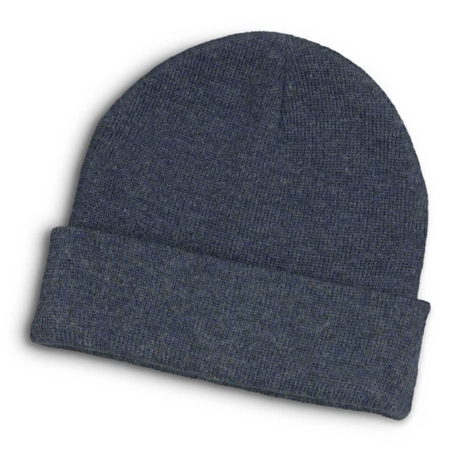 A dark heather blue beanie with a folded cuff, featuring a logo on the side.