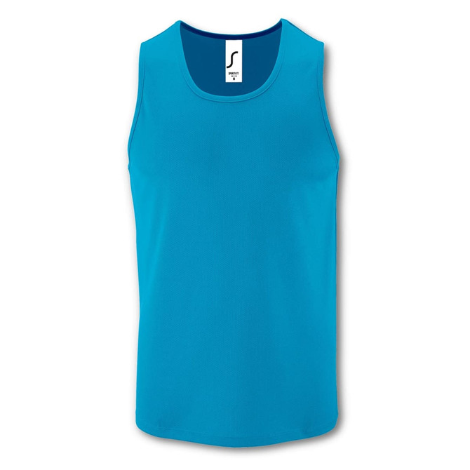 A bright blue tank top with a logo on the front, designed as a sporty men's singlet.