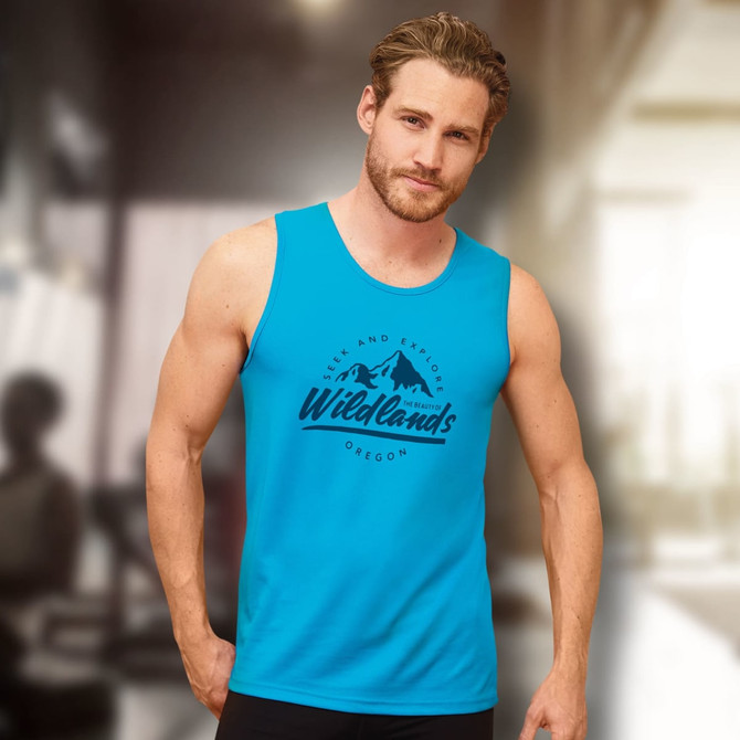 A blue tank top featuring a logo, modelled by a man in a gym setting.
