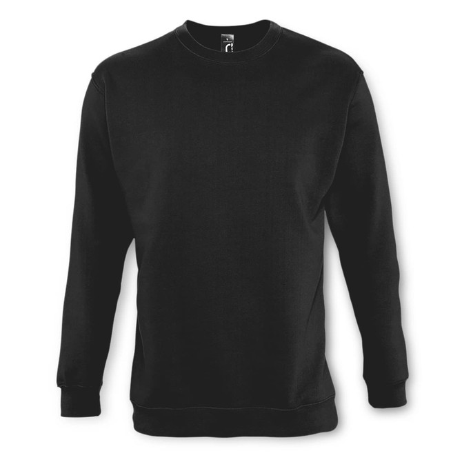 A black unisex crew jumper with long sleeves and a round neckline, featuring a branding logo.