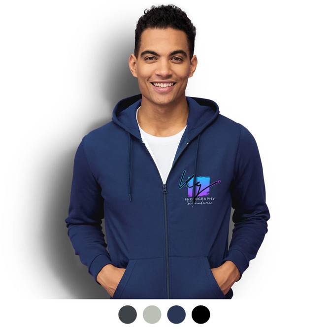 A navy unisex hooded sweatshirt featuring a front zipper and a logo, with options for additional colours below.