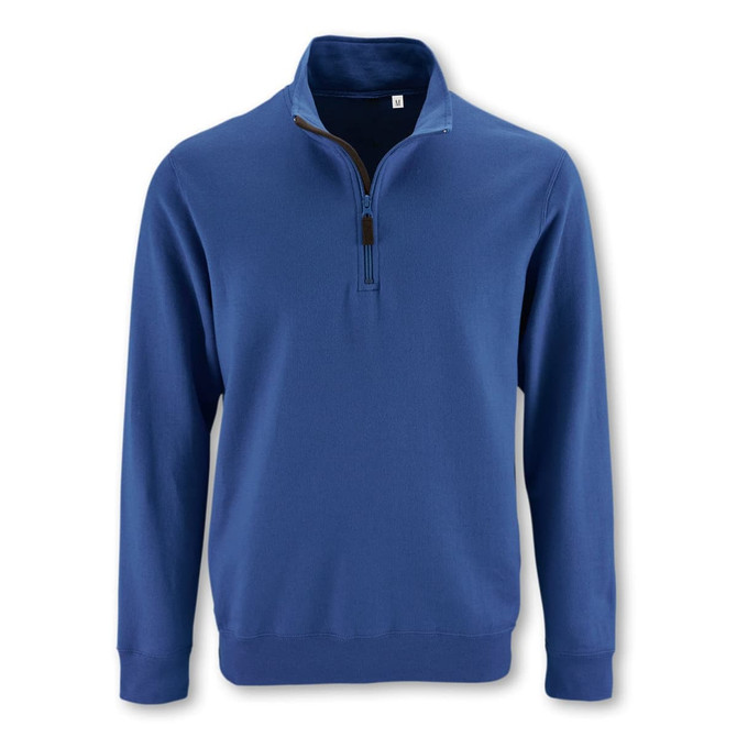 A unisex sweatshirt in navy blue with a half-zip neck and long sleeves. It features a small logo on the chest.