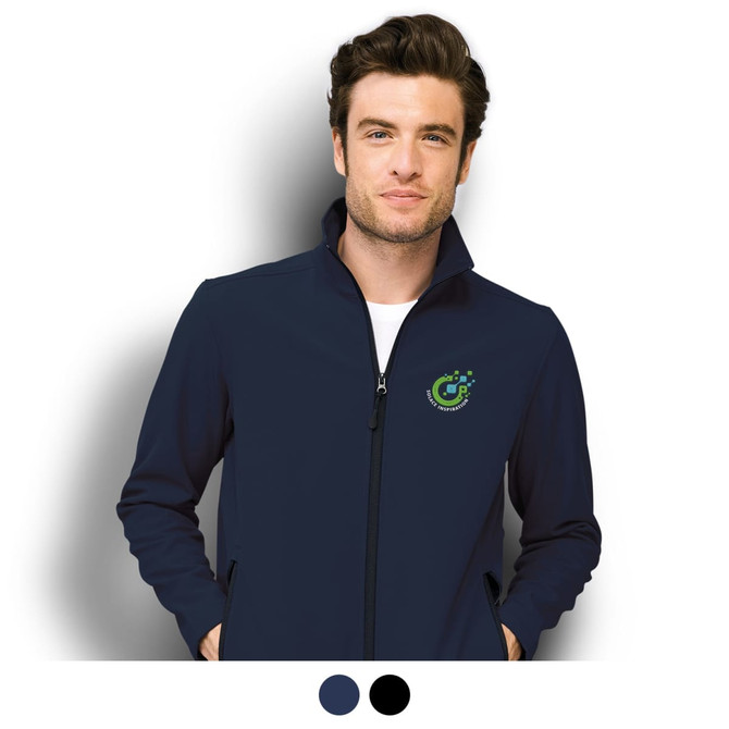 A navy men's softshell jacket featuring a branded logo, with a zip-up front and standing collar.