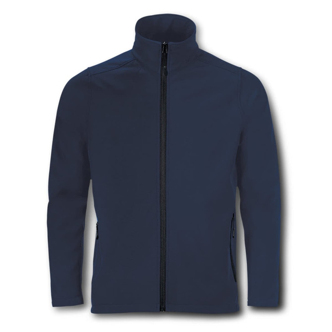 A men's softshell jacket in navy blue, featuring a high collar and zippered pockets, along with a branded logo.
