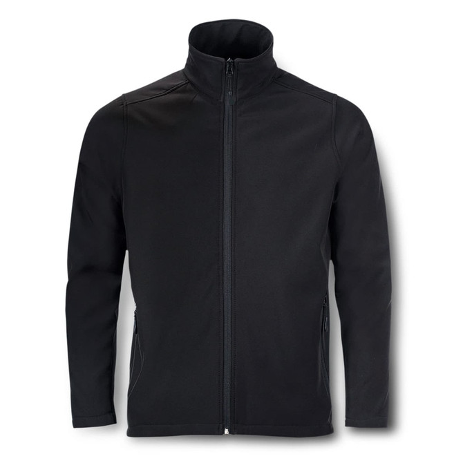 A black softshell jacket with a high collar and zip front, featuring side pockets and a logo.