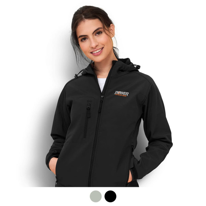 A black women's softshell jacket with a hood, featuring a logo on the chest and zippered pockets.