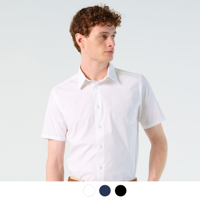 A white short sleeve button-up shirt with a collar, featuring a logo and available in multiple colours.