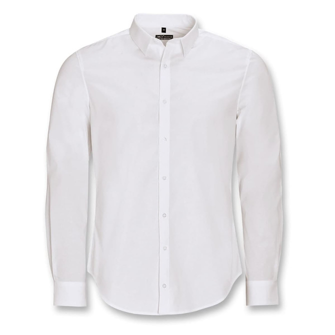 A white long sleeve button-up shirt with a classic collar and a logo on the upper left side.