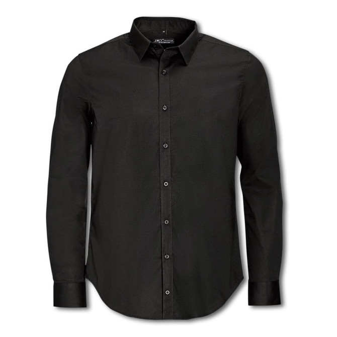 A black long sleeve button-up shirt with a collar and a logo on the chest.