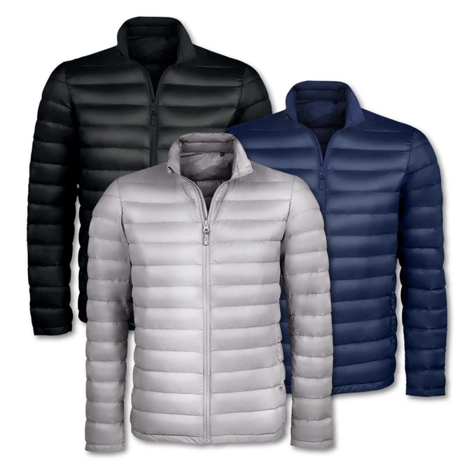A collection of SOLS Wilson Men's Puffer Jackets in black, silver, and navy. Each jacket features a zip-up front and puffer design.