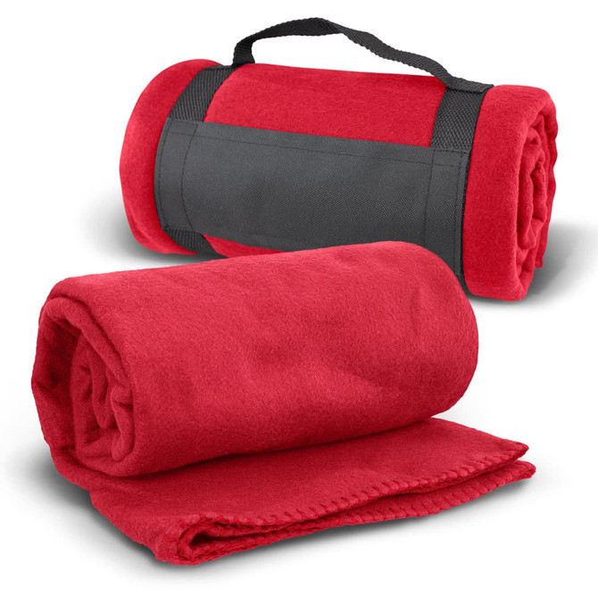 A red fleece blanket neatly rolled and secured with a black strap, showcased from two angles.