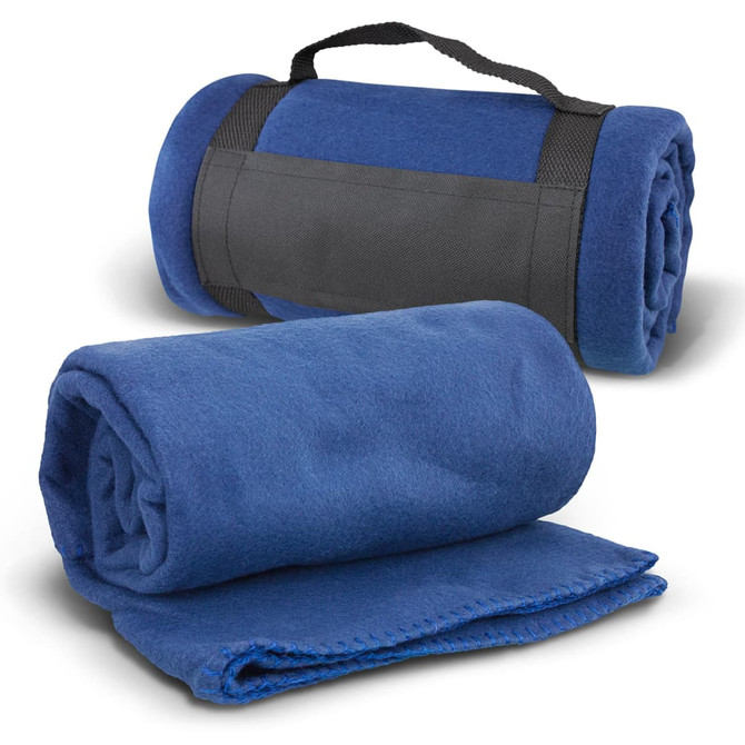 A blue fleece blanket rolled with a black strap and a flat version displayed alongside.