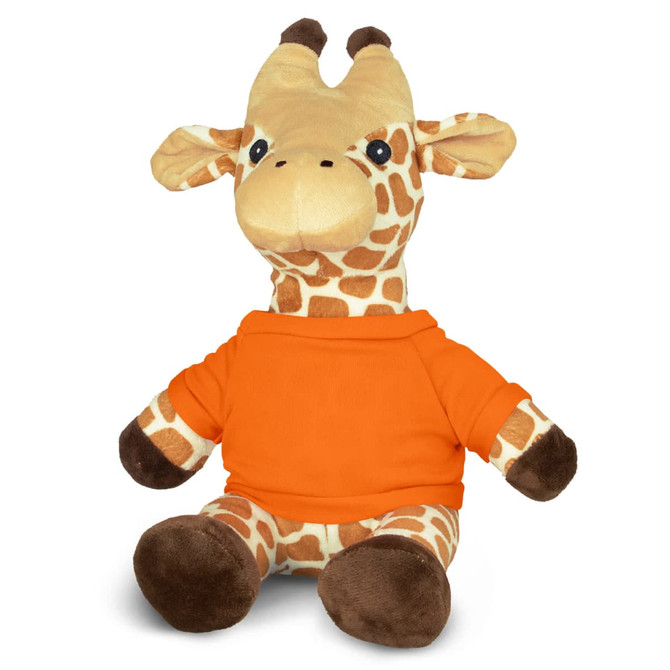 A giraffe plush toy with orange clothing, featuring brown and beige spots, sitting upright with a friendly expression.