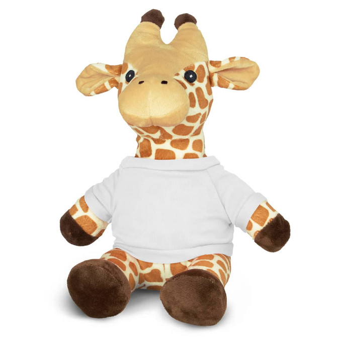 A plush toy giraffe with brown and yellow patterns, wearing a white shirt and sitting upright.
