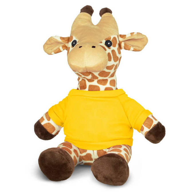 A plush giraffe toy in brown and tan, wearing a yellow top, sitting upright.