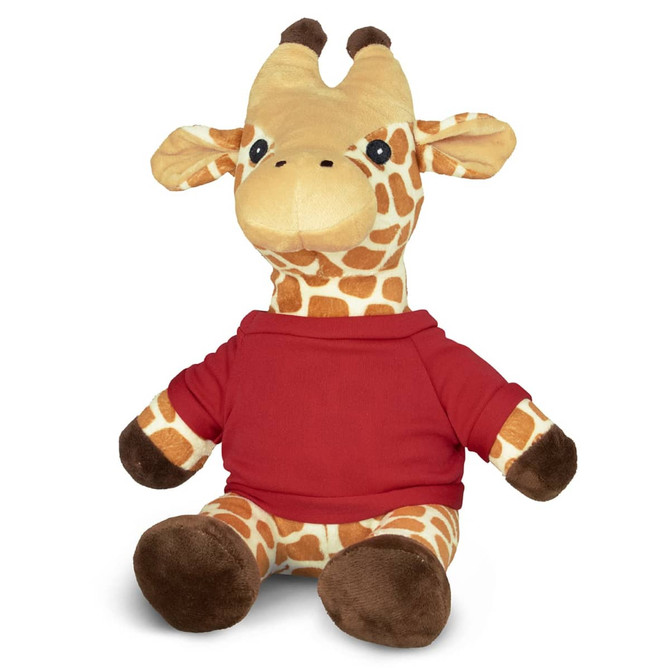A plush giraffe toy with brown and yellow spots, wearing a red shirt and featuring a smiling face.