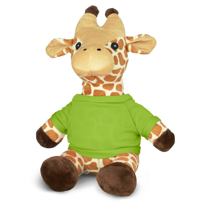 A giraffe plush toy with a yellow and brown patterned body, wearing a green shirt. It has a friendly expression.