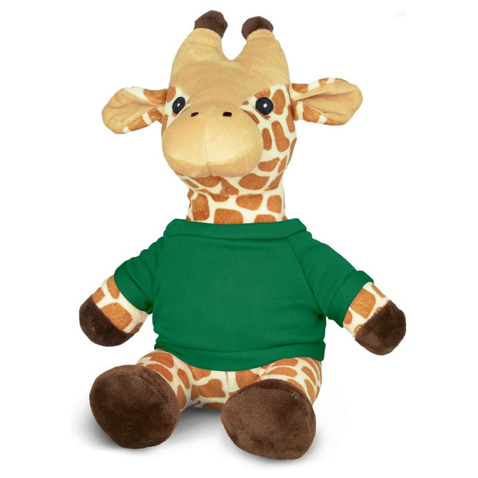 A plush giraffe toy with a patterned body and brown accents, wearing a green shirt. It has a friendly expression.
