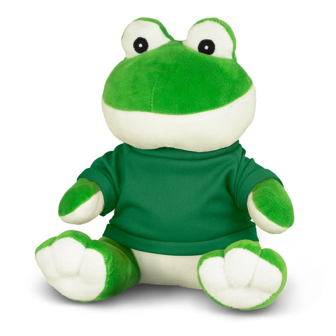 A green frog plush toy wearing a green shirt, featuring a large head and friendly expression.